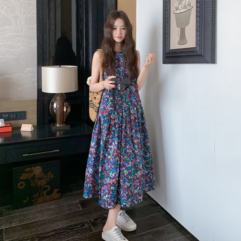 法式漂亮碎花无袖连衣裙女