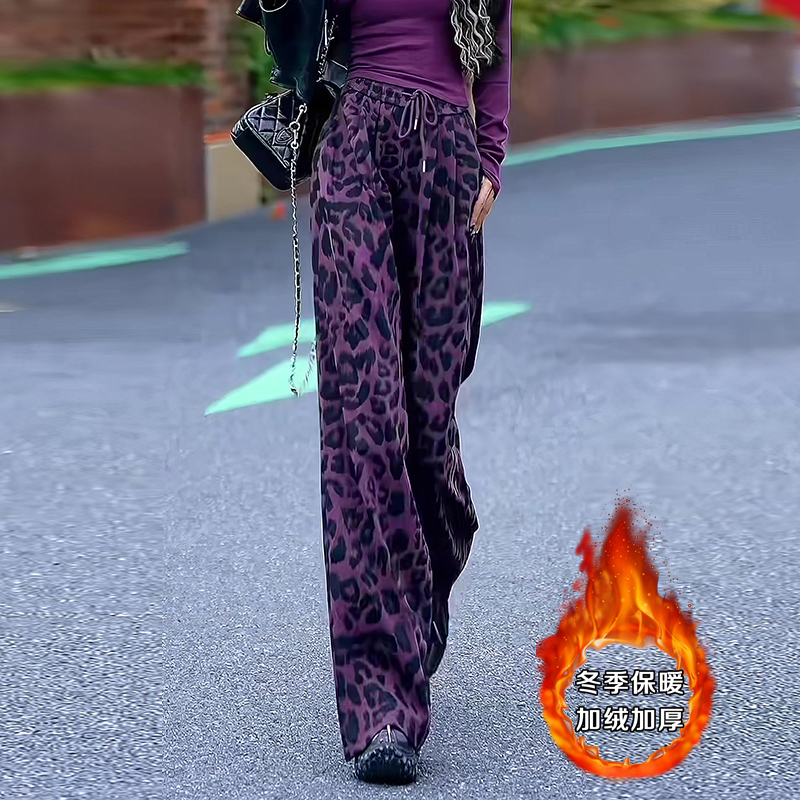 时尚炸街豹纹紫色阔腿裤女加绒加厚2025年秋冬新款辣妹显瘦气质