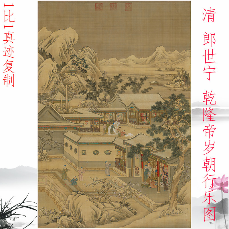 清 郎世宁 乾隆帝岁朝行乐图古代书画挂轴微喷国画真迹仿古装饰画