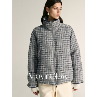 MovinGlow｜奥斯曼屋顶 初剪羊毛提花编织格纹 90鹅绒香风羽绒服