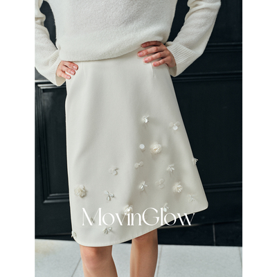 MovinGlow｜南法可露丽 重工全手工钉珠 垂顺微A宽松及膝半身裙
