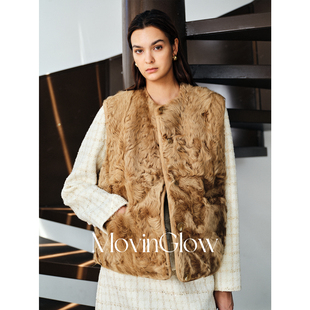 MovinGlow｜巴伐利亚 90鹅绒可两穿圆领马甲 轻暖微卷金羔羊皮毛