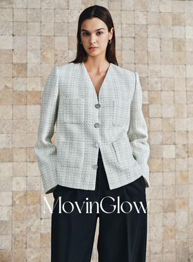 MovinGlow｜月落银辉 羊毛银丝格纹花式纱 V领四袋箱型小香外套