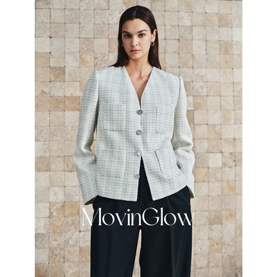 MovinGlow｜月落银辉 羊毛银丝格纹花式纱 V领四袋箱型小香外套