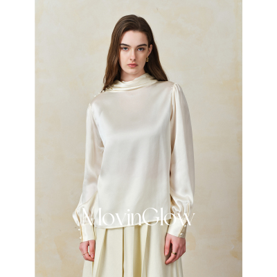MovinGlow｜流动宝石 轻盈奢光100桑蚕丝 堆褶半高领极简宽松衬衫