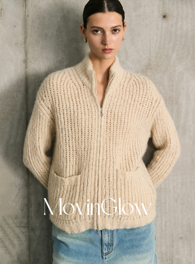 MovinGlow｜暖绒奢境 稀贵羊绒真丝 粗针微镂空立领拉链开衫毛衣