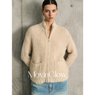MovinGlow｜暖绒奢境 稀贵羊绒真丝 粗针微镂空立领拉链开衫毛衣