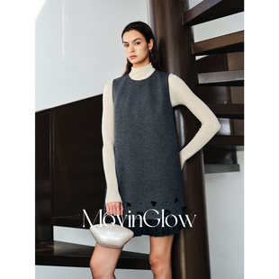 MovinGlow｜里森画廊 羊毛色纺双面绒纯手工钉珠花 微A百褶背心裙