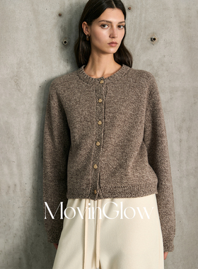 MovinGlow｜苏黎世 重磅密实100羊毛花纱 单排扣圆领短款毛衣开衫