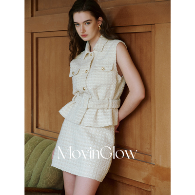 MovinGlow｜优雅爵士 浮雕肌理编织粗花呢 无袖腰带收腰香风马甲