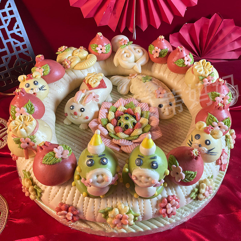 平安圈花馍十二岁生日面锁宝宝百天满月周岁大馒头面圈胶东花饽饽