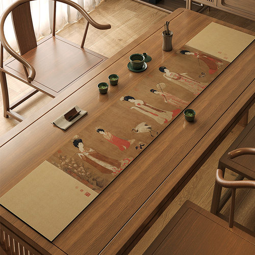 簪花仕女图桌旗茶席硅藻泥超吸水