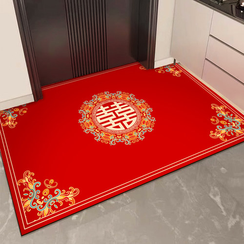 喜字结婚喜庆硅藻泥入户门地垫婚房门口进门家用脚垫入户红色地毯