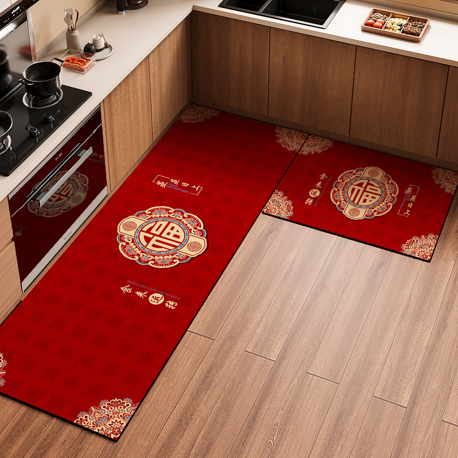 新年中式红色喜庆厨房地垫硅藻泥长条形吸水吸油防滑好打理地毯,居家布艺,厨房地垫,淘宝优惠券,粉丝福利购,淘宝优惠卷