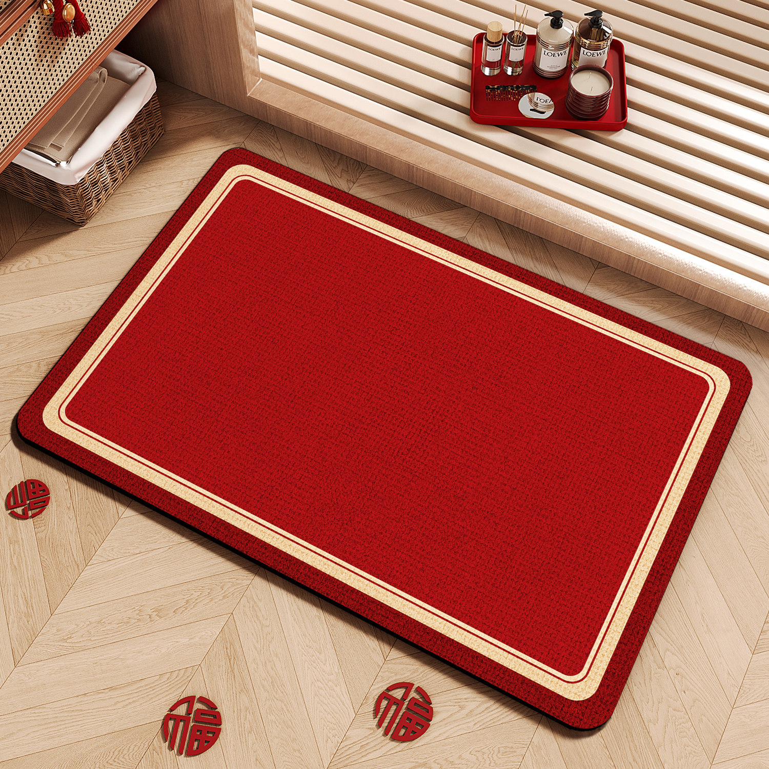 2026新款浴室地垫红色过年硅藻泥地毯卫生间门口吸水速干防滑脚垫,居家布艺,家用脚垫,淘宝优惠券,粉丝福利购,淘宝优惠卷
