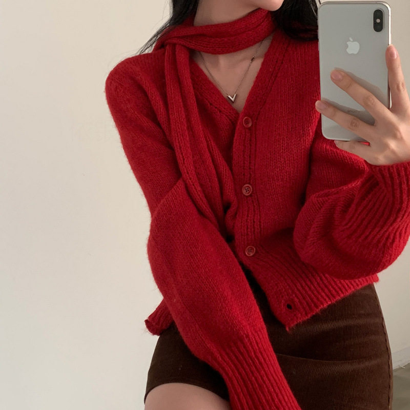 韩国chic冬季新款小众法式复古长袖纯欲V领长袖毛衣外套挂脖围巾