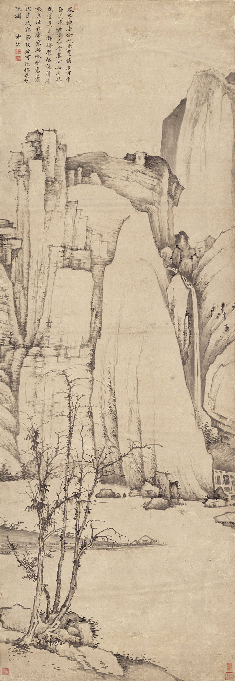 清初四僧弘仁渐江长林逍遥图国国画山水竖幅原大复制画仿古装饰画