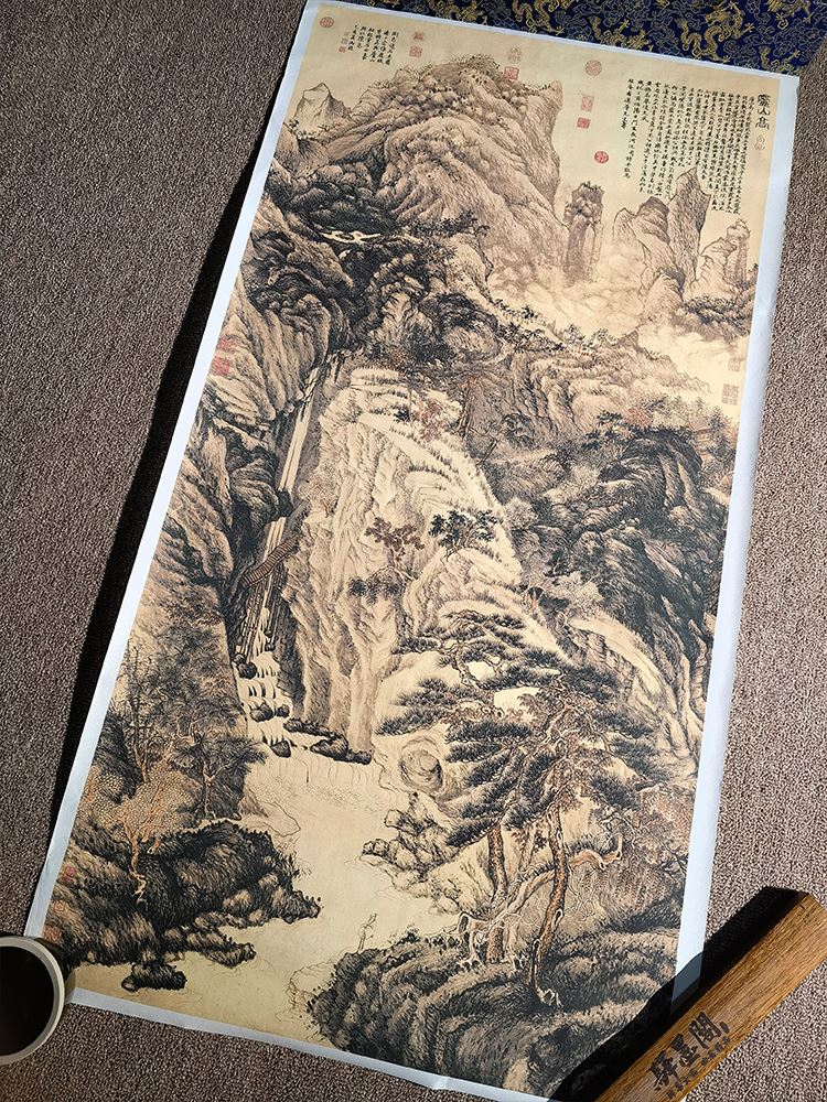 明 沈周 庐山高图真迹水墨山水画高清立轴挂画装饰画艺术微喷临摹