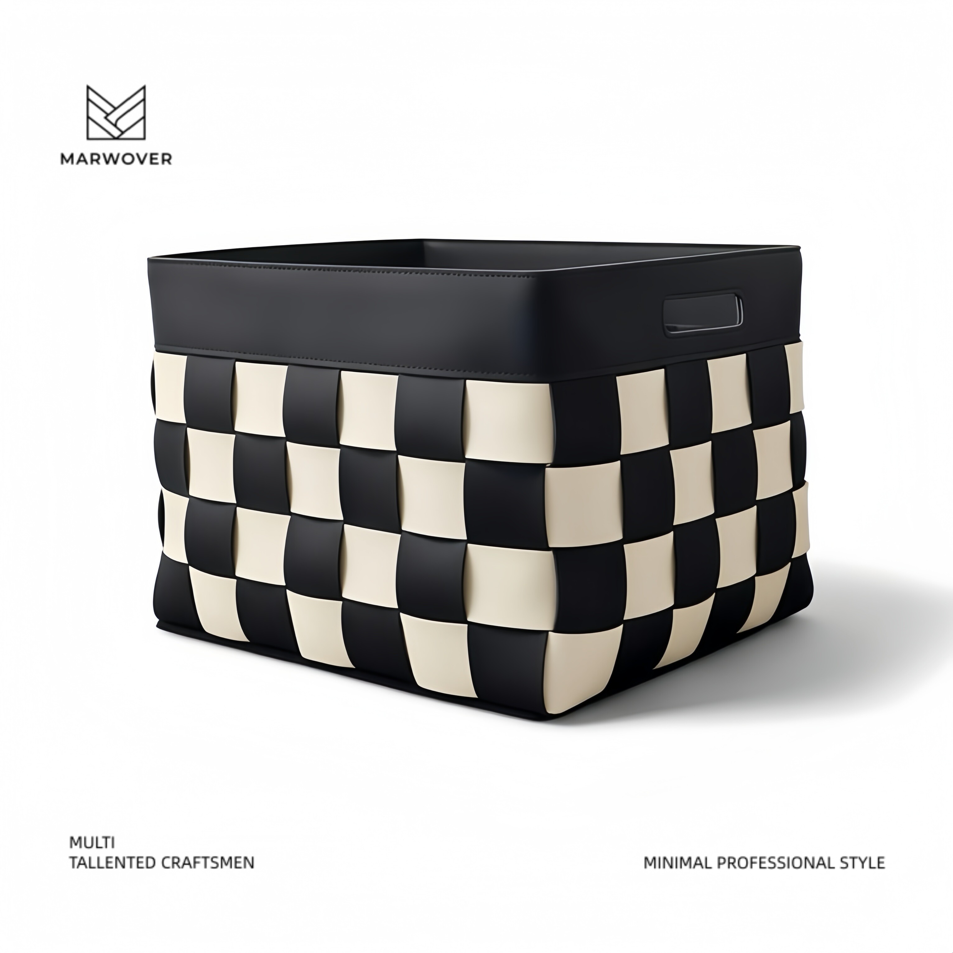 MARWOVER黑白格子马鞍皮质编织收纳筐大容量手提储物篮针织收纳袋