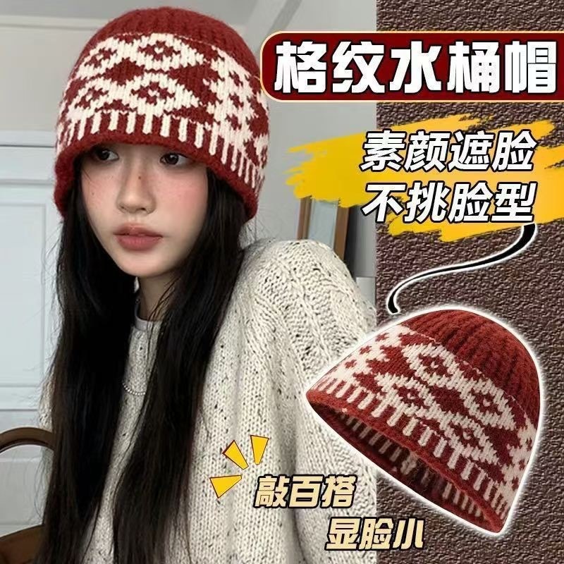 大头围针织毛线帽子女秋冬显脸小素颜遮脸加绒加厚保暖水桶渔夫帽
