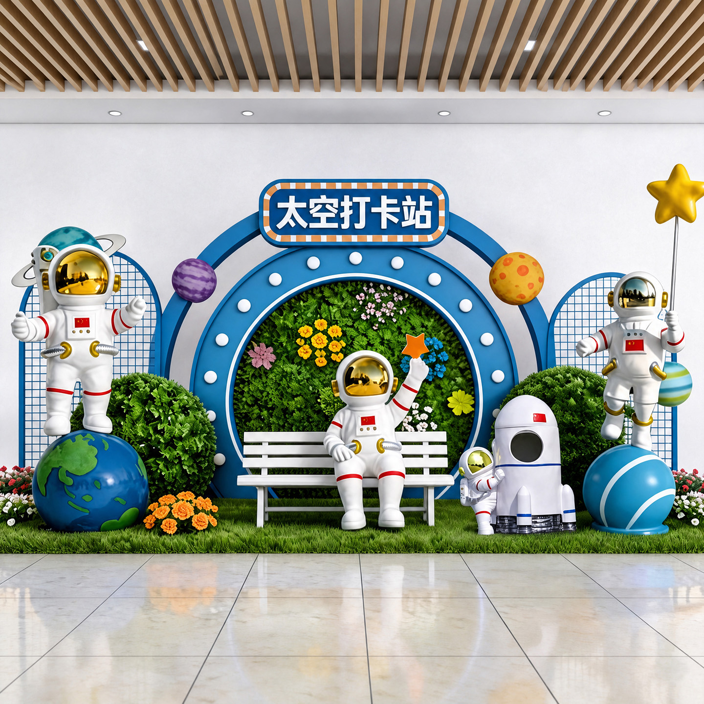太空主题装饰摆件套装卡通宇航员火箭模型商场展厅打卡创意装饰品