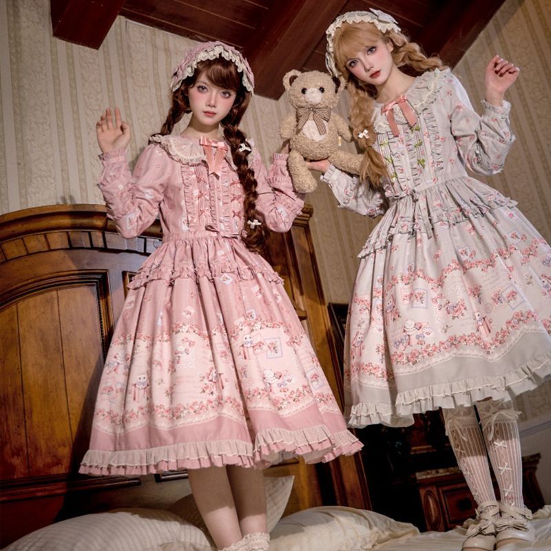 可爱胖女孩Lolita长袖碎花Cla优雅OP连衣裙洛丽塔洋装显瘦长裙子