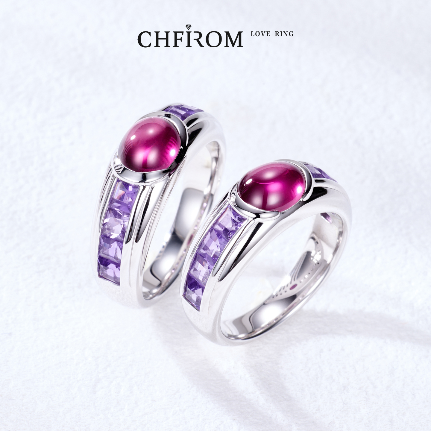 素面石榴石戒指 S925纯银紫水晶中指戒 天然宝石简约轻奢百搭排戒