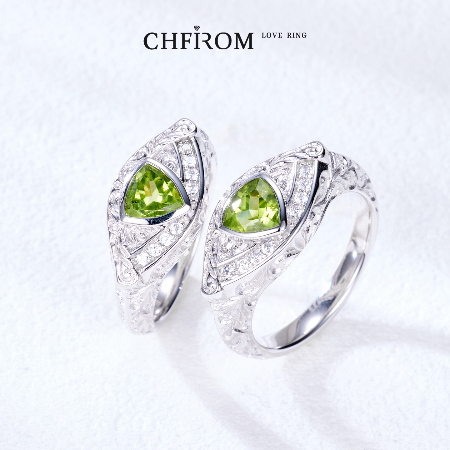 S925纯银天然橄榄石戒指 三角宝石浮雕工艺复古指环 原创智慧之眼