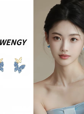 S999纯银针蓝色蝴蝶耳钉女百搭
