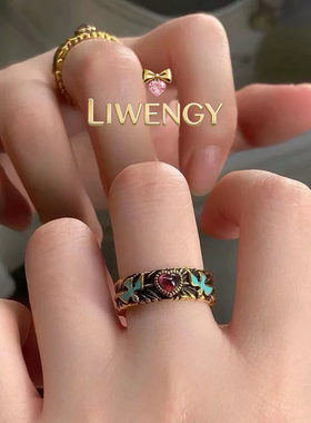 复古旧做油画风蓝色飞鸟戒指女轻奢高级感爱心食指戒小众开口尾戒