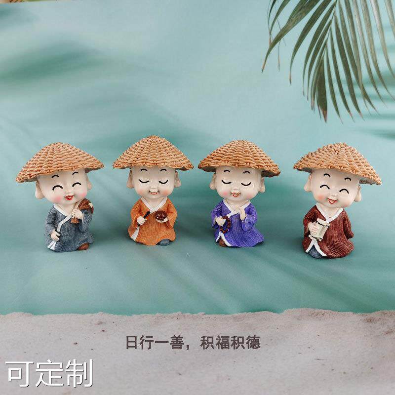 行走江湖小和尚汽车摆件园艺小摆件盆景装饰工艺礼品摆饰草帽和尚