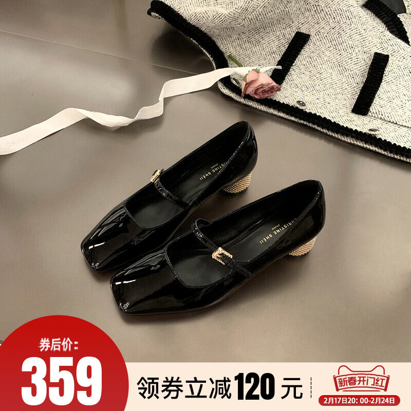 南洋佳丽～方头一字扣带珍珠粗跟玛丽珍鞋女单鞋