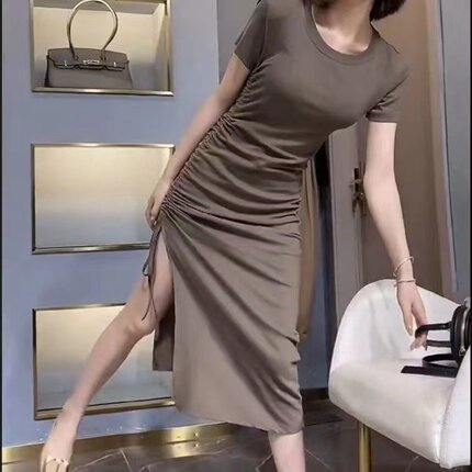 修身收腰抽绳短袖连衣裙女2022年夏新款侧开叉裙子休闲气质中长裙