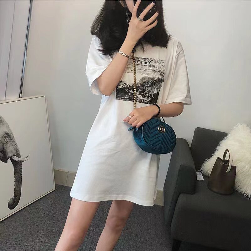 中长款短袖T恤女2022年新款大码女装宽松百搭连衣裙印花白色上衣