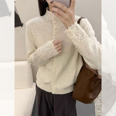 韩系纯欲镂空钩花袖 软糯毛衣潮 新款 口立领单排扣针织开衫 女秋冬季