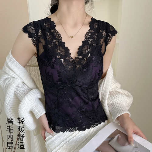 秋冬磨毛蕾丝背心美背小飞袖上衣