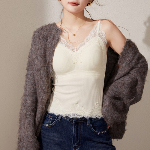 蕾丝磨绒吊带背心带胸垫美背上衣