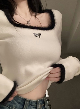 德绒 纯欲风高级感方领刺绣秋冬新款内搭修身短款打底衫长袖上衣