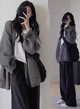 女装2025秋冬季新款韩版宽松针织开衫慵懒风纯色口袋气质毛衣外套