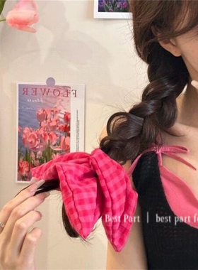 bestpart新款超显白火龙果色格子发圈甜美少女大肠花头绳复古发饰