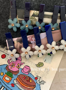 韩国复古白蓝色透明花朵鸭嘴夹水晶闪钻小花边夹甜美发夹刘海夹