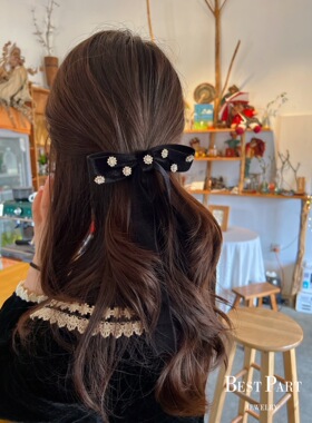 bestpart韩国复古水钻黑色丝绒蝴蝶结弹簧夹气质法式飘带顶夹发饰