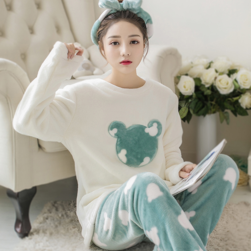 秋冬季加厚加绒款睡衣女套装珊瑚
