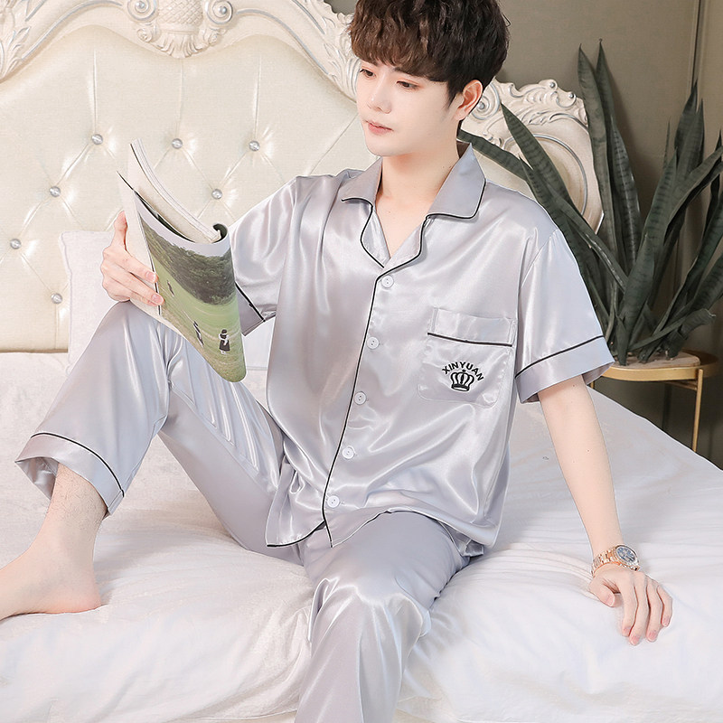 男士睡衣夏季冰丝薄款短袖长裤男款套装夏款宽松大码夏天家居服男