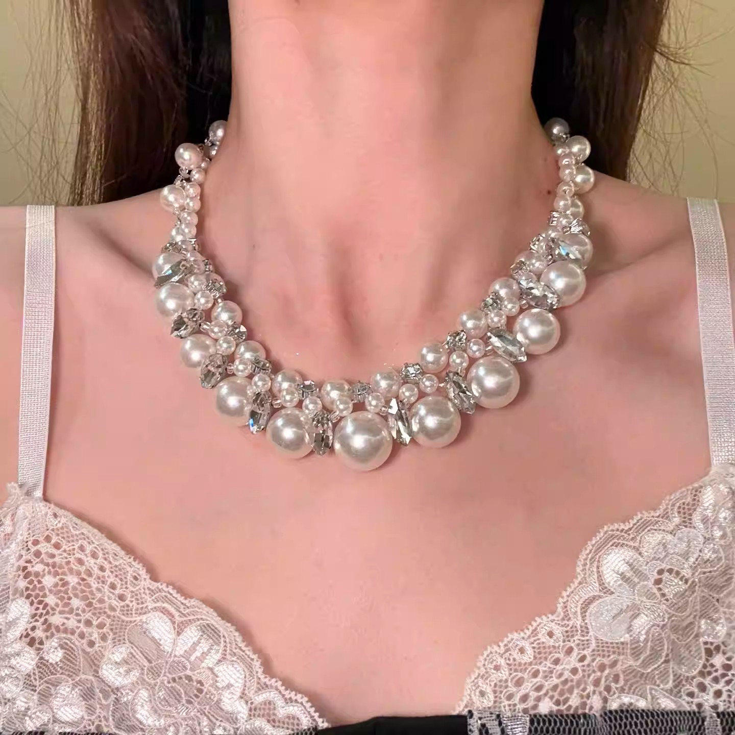 Tiny Sylvie 轻奢复古重工闪钻珍珠choker项链锁骨链