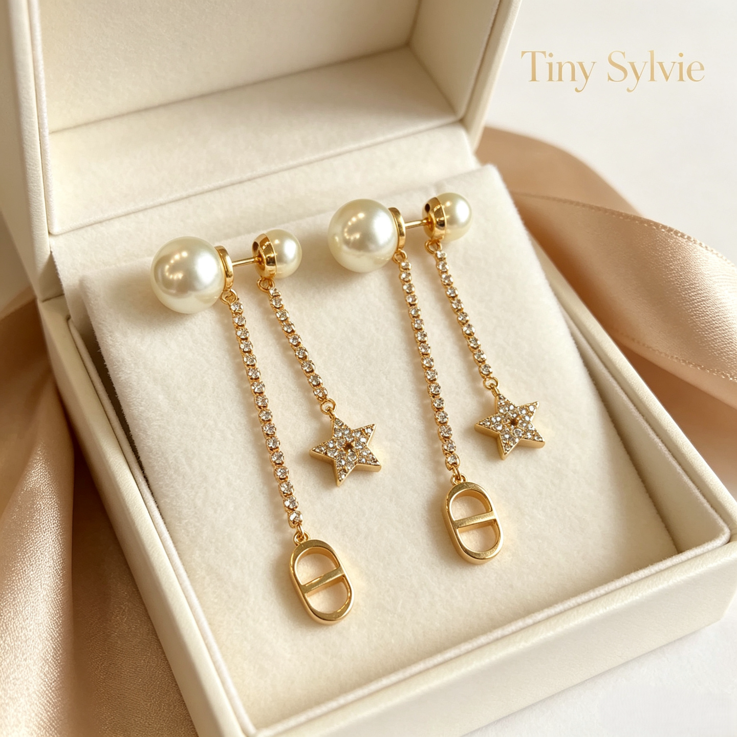 Tiny Sylvie耳钉CD字母双珍珠镶钻流苏耳环五角星吊坠轻奢耳饰女