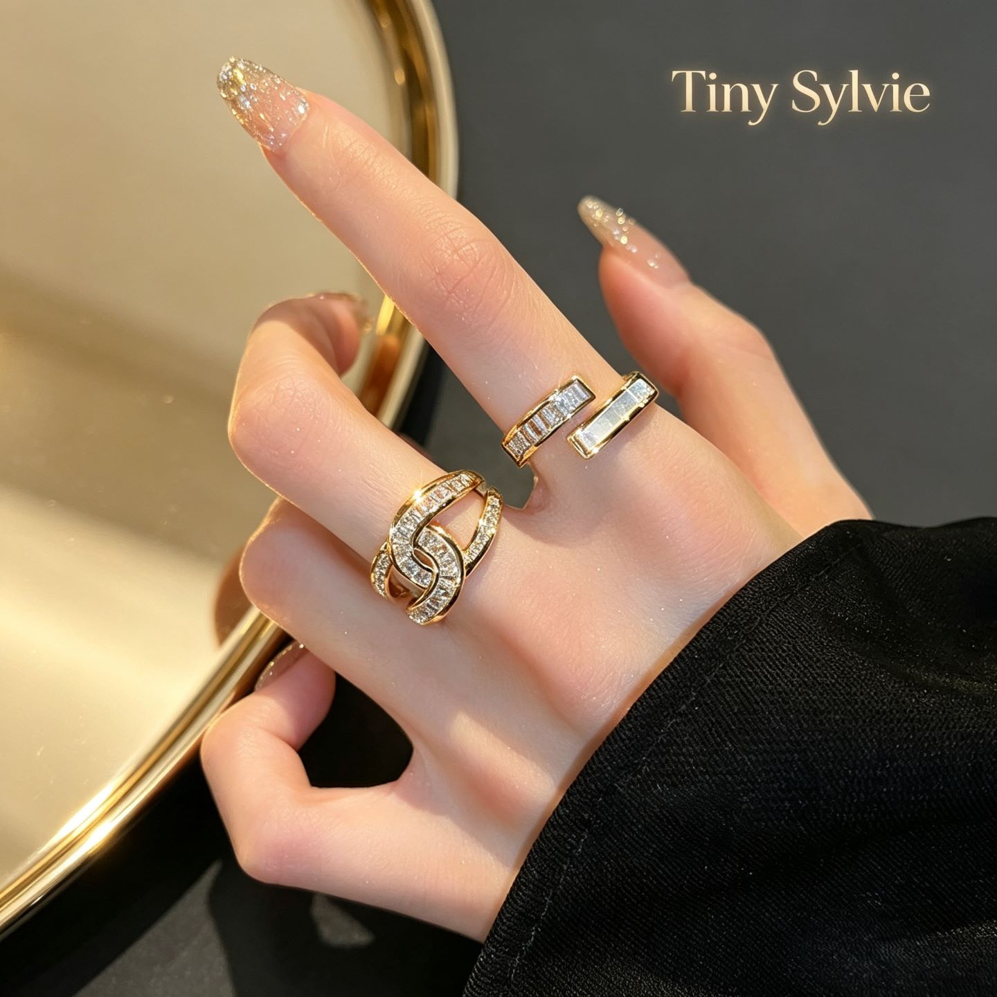 Tiny Sylvie巴黎【设计师】双C锆石贝壳交叉戒指轻奢气质开口指环