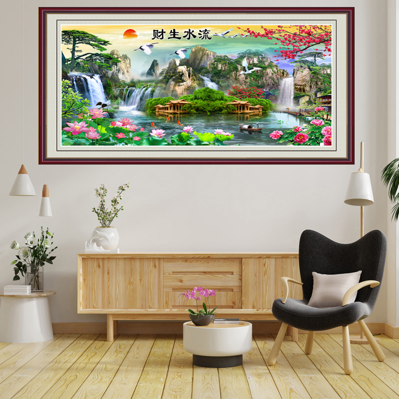 山水画客厅装饰画风景画沙发背景墙自粘贴画流水生财办公室靠山图