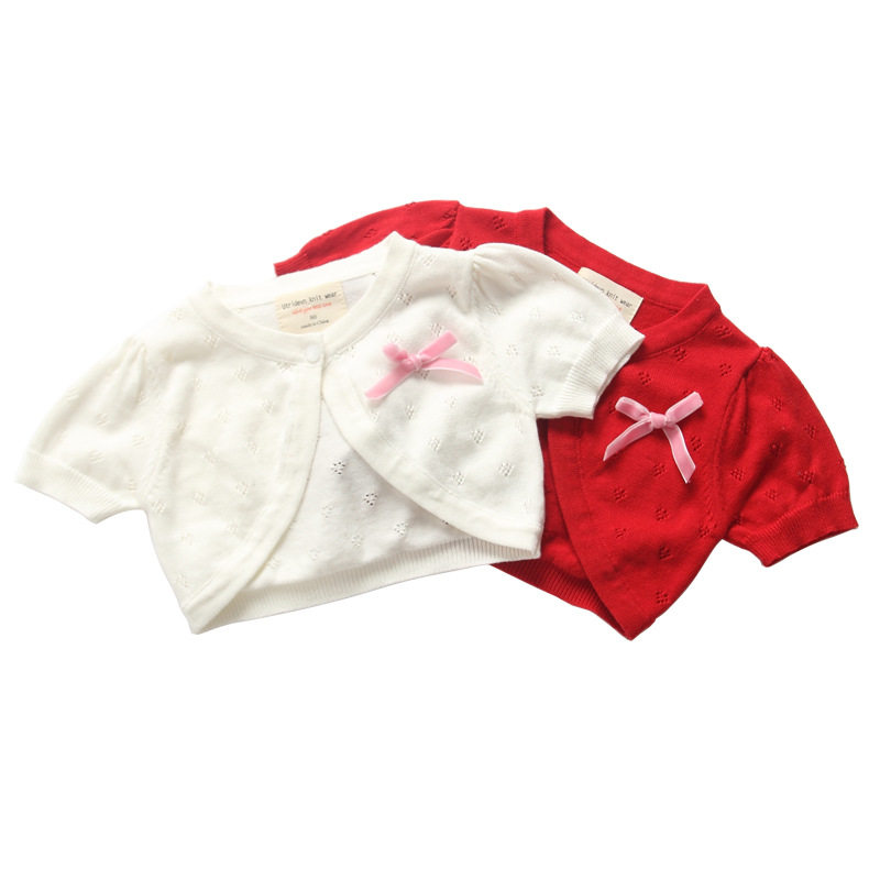 女童针织开衫外套镂空短袖纯棉小披肩纯色儿童空调衫夏季薄款清凉