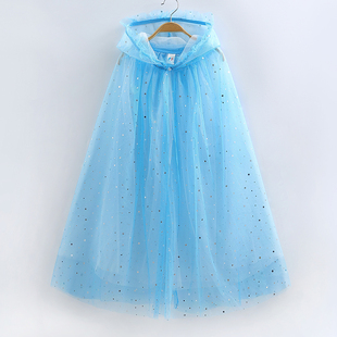 女儿童艾沙公主蓝色披风夏季薄新款宝宝亮片生日装扮冰雪奇缘斗篷
